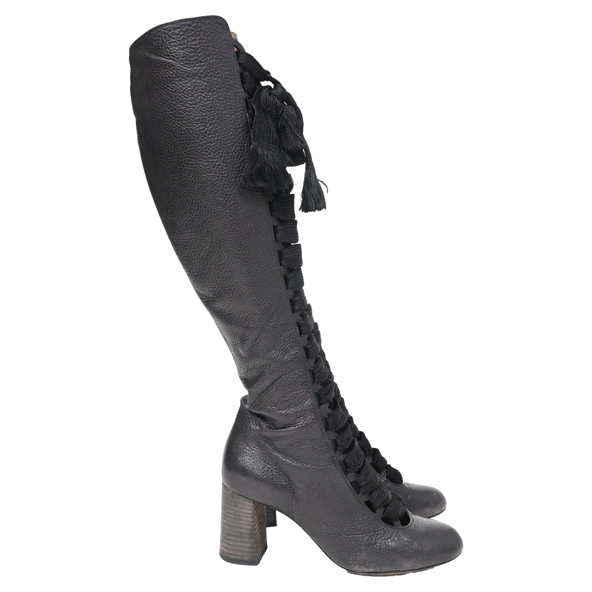 Chloé Harper Lace-Up Knee-High Heeled Boots in Black Leather