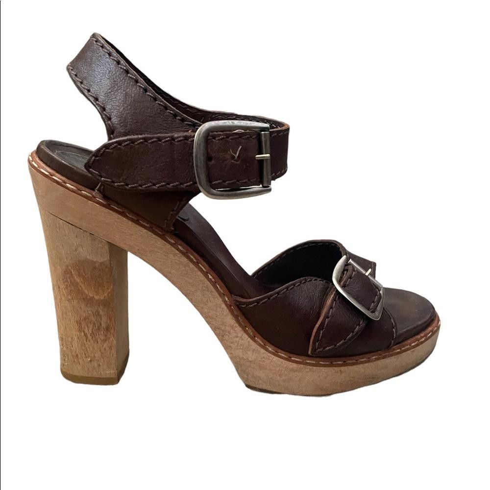 Chloe Leather Block Wood Heel Shoes Platform Sandals Size 7 in Brown, Women's