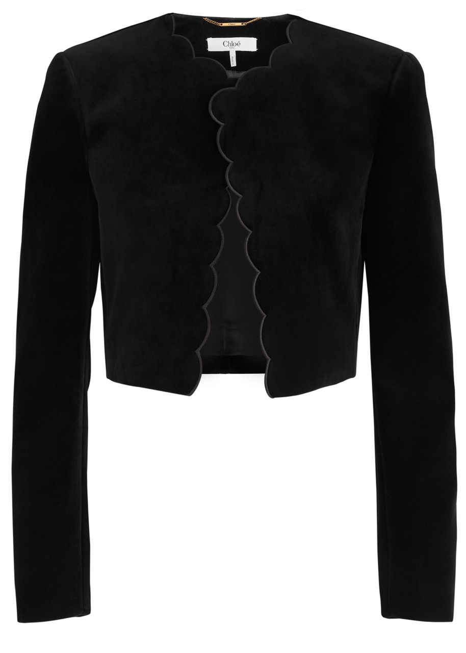 Chloe Scalloped Cropped Velvet Jacket - Black - 38 (UK10 / S)