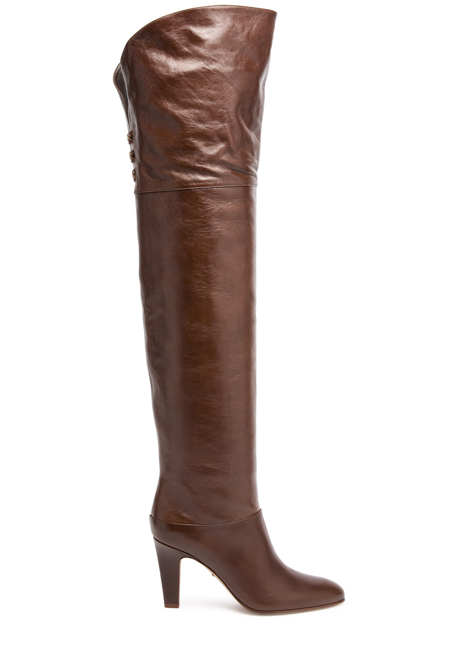 Chloe - Women's Brown Eve 90 Glossed-leather Over-the-knee Lace-Up Boots - Size 37 (IT37 / UK4)