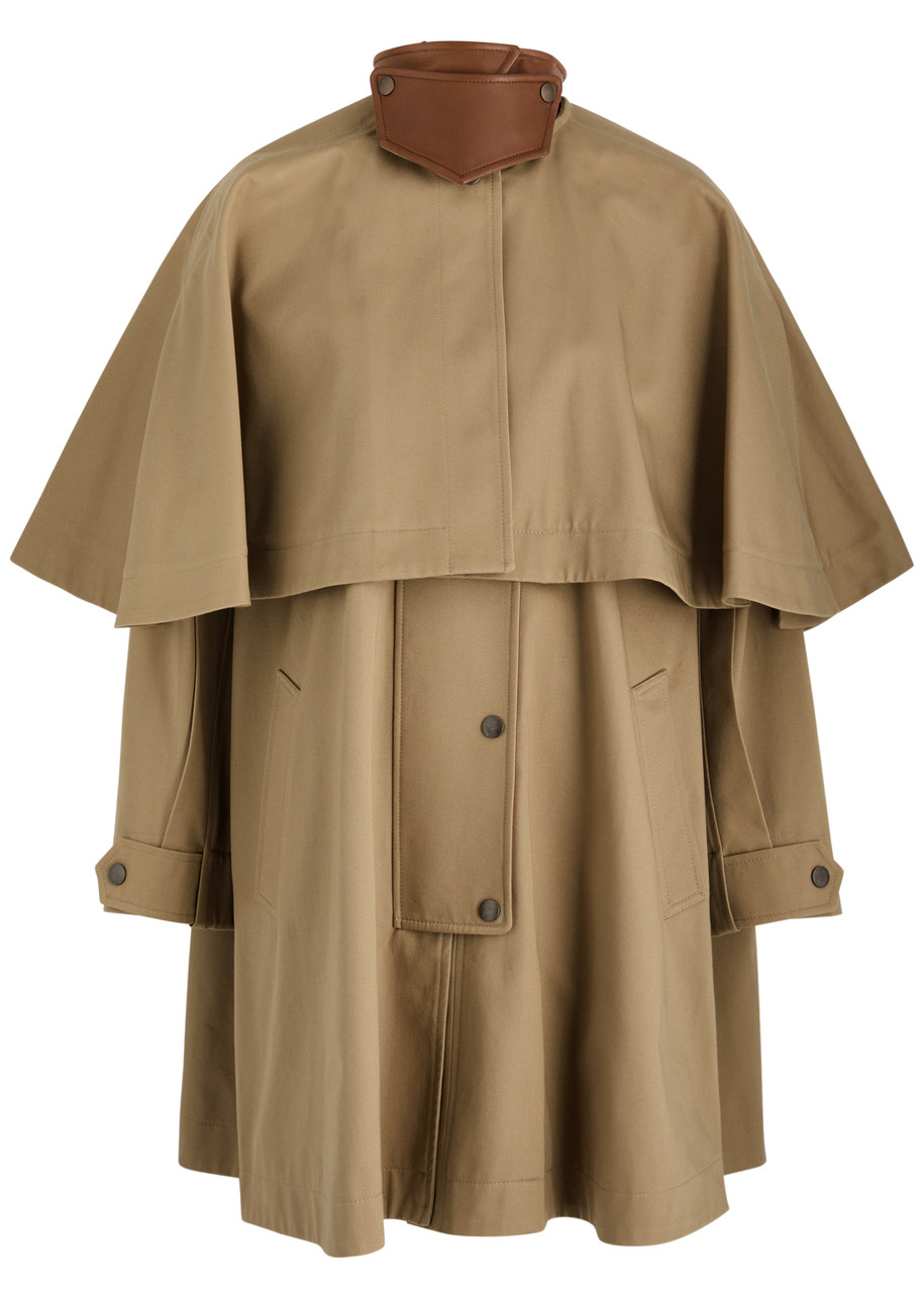 Chloe - Women's Khaki Cape-layered Cotton Coat - Size 40 (UK12 / M), Leather Collar & Detachable Cape - 40 (UK12 / M)