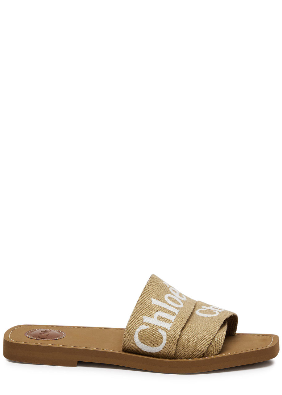 Chloe Woody Logo Canvas Sliders - Tan - 38 (IT38 / UK5)