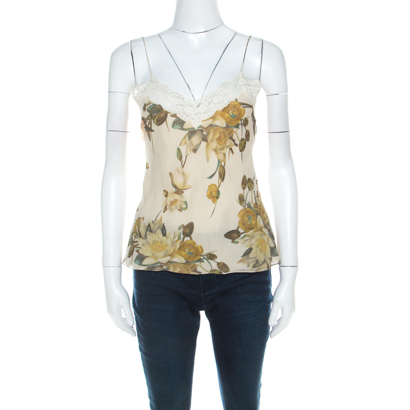 Christian Dior Beige Floral Silk Lace Trim Camisole Top M