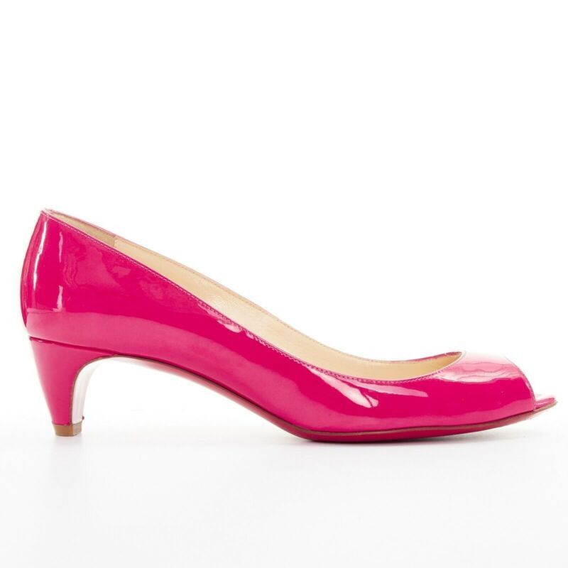 Christian Louboutin 45Mm Fuschia Pink Patent Peep Toe Curved Kitten Heel Shoes Eu36, Women's