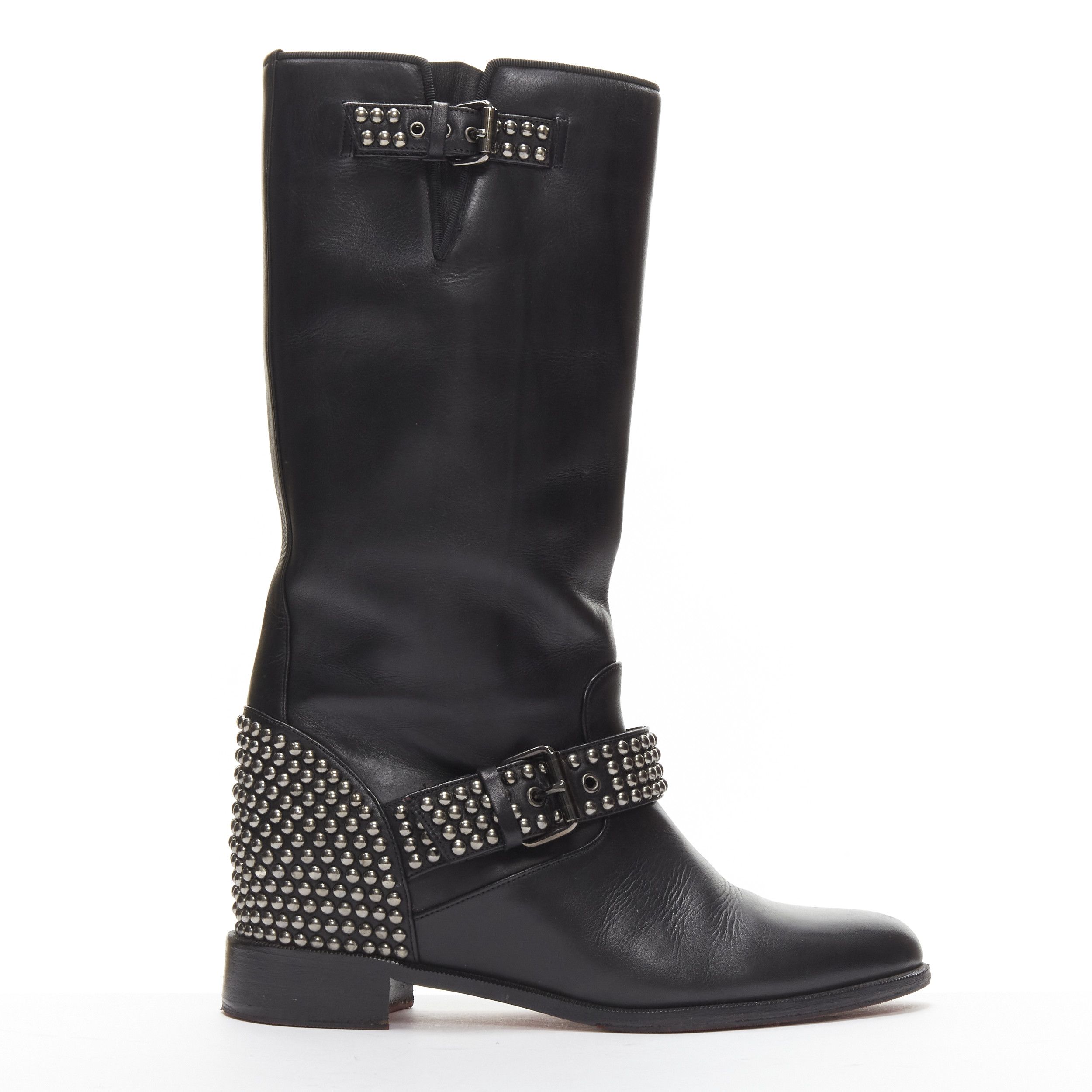 Christian Louboutin Bicloubutu Black Leather Spike Studded Buckle Biker Hidden Wedge Boots Eu37.5, Women's