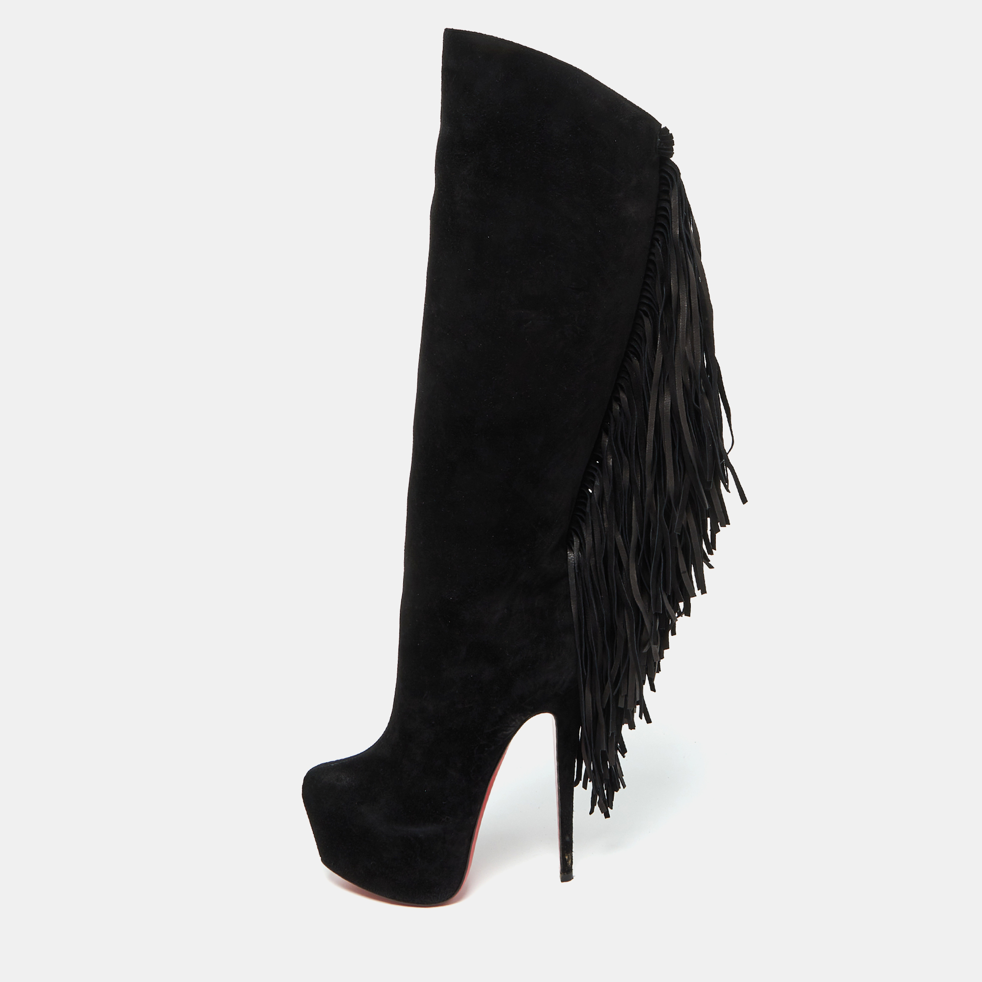 Christian Louboutin Black Suede Interlopa Fringe Detail Knee Length Platform Boots Size 36