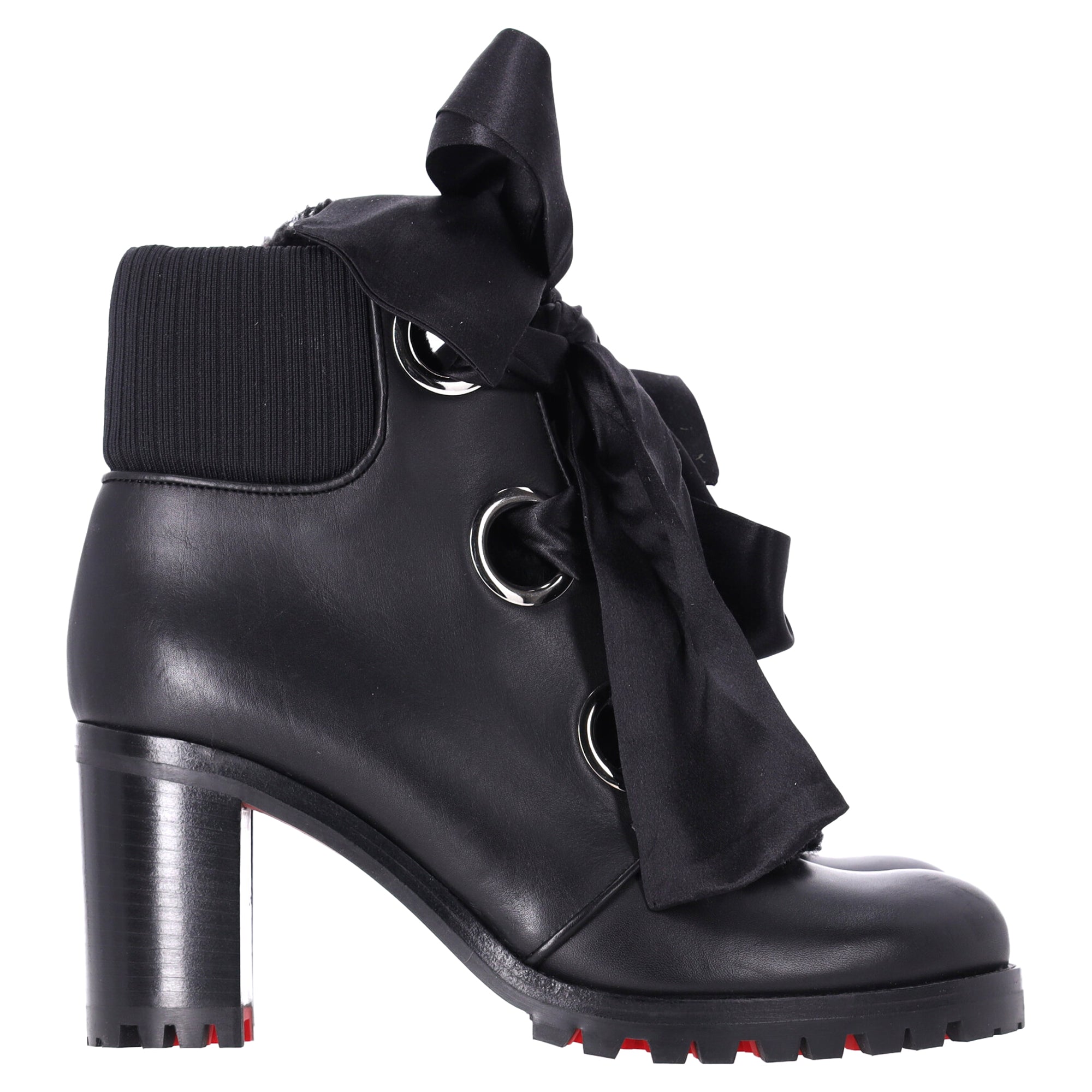 Christian Louboutin Jenny Bow Lace Heeled Ankle Boots in Black Calf Leather