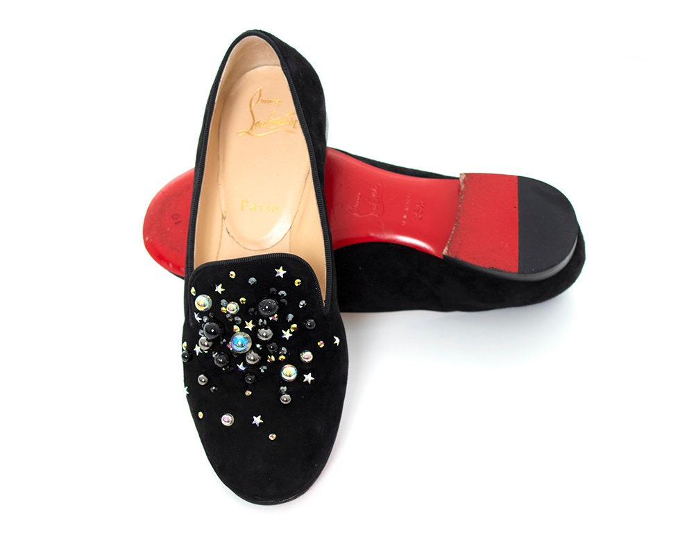 Christian Louboutin Modern Loafers | Beaded Studded Black Suede Low Heel Red Bottom Flats | Size U S 5/5.5 E 35.5