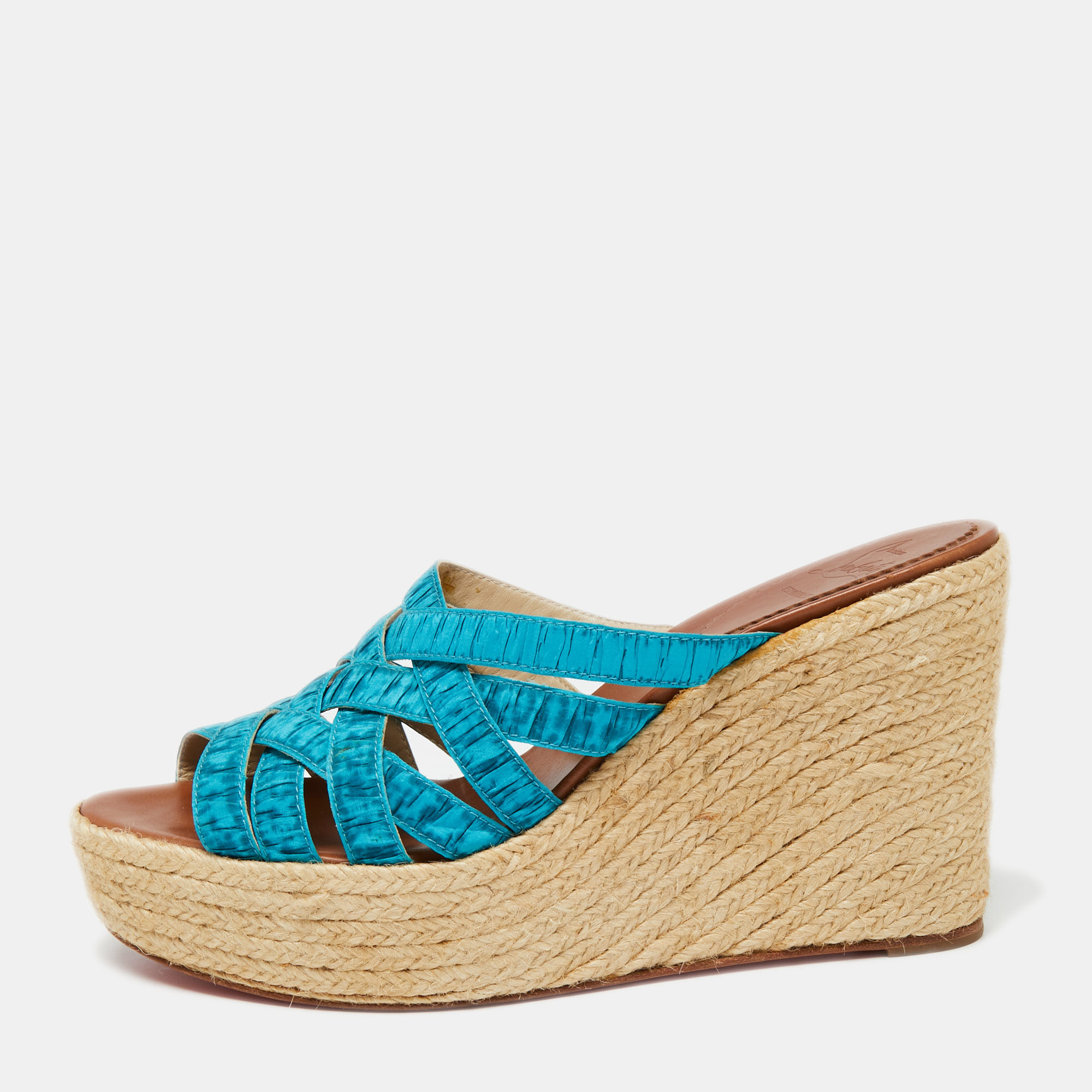 Christian Louboutin Two-Tone Pleated Fabric Crepon Espadrille Platform Wedge Sandals Size 41