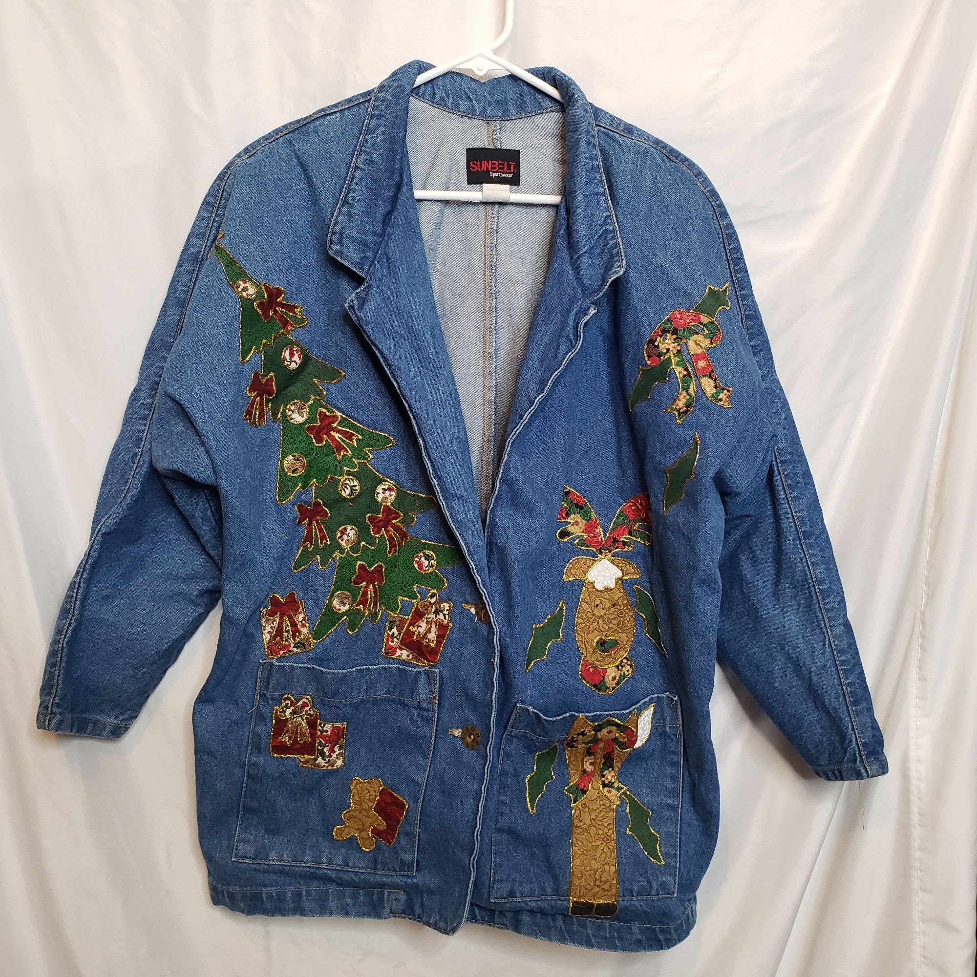 Christmas Denim Jacket Upcycled Gold Metallic Trim Large Shoulder Pads Vintage