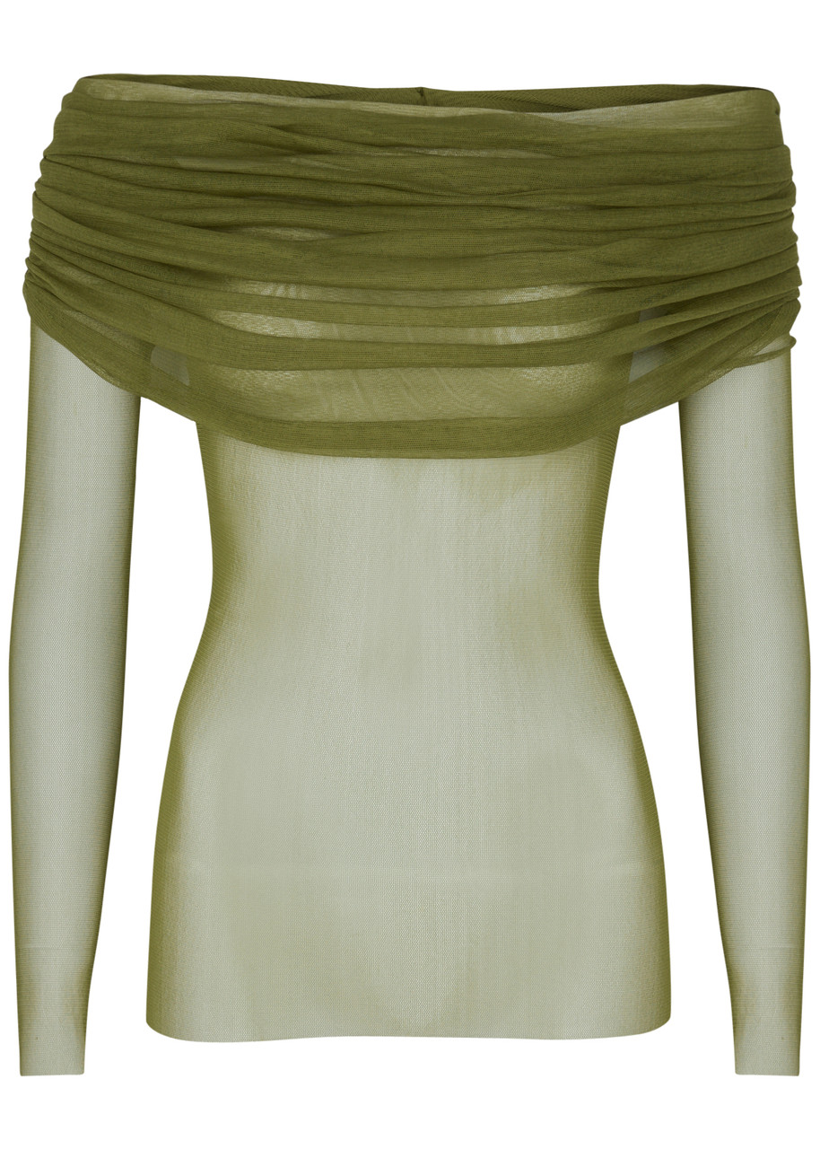 Christopher Esber Veiled Off-the-shoulder Silk-tulle top - Green - 10