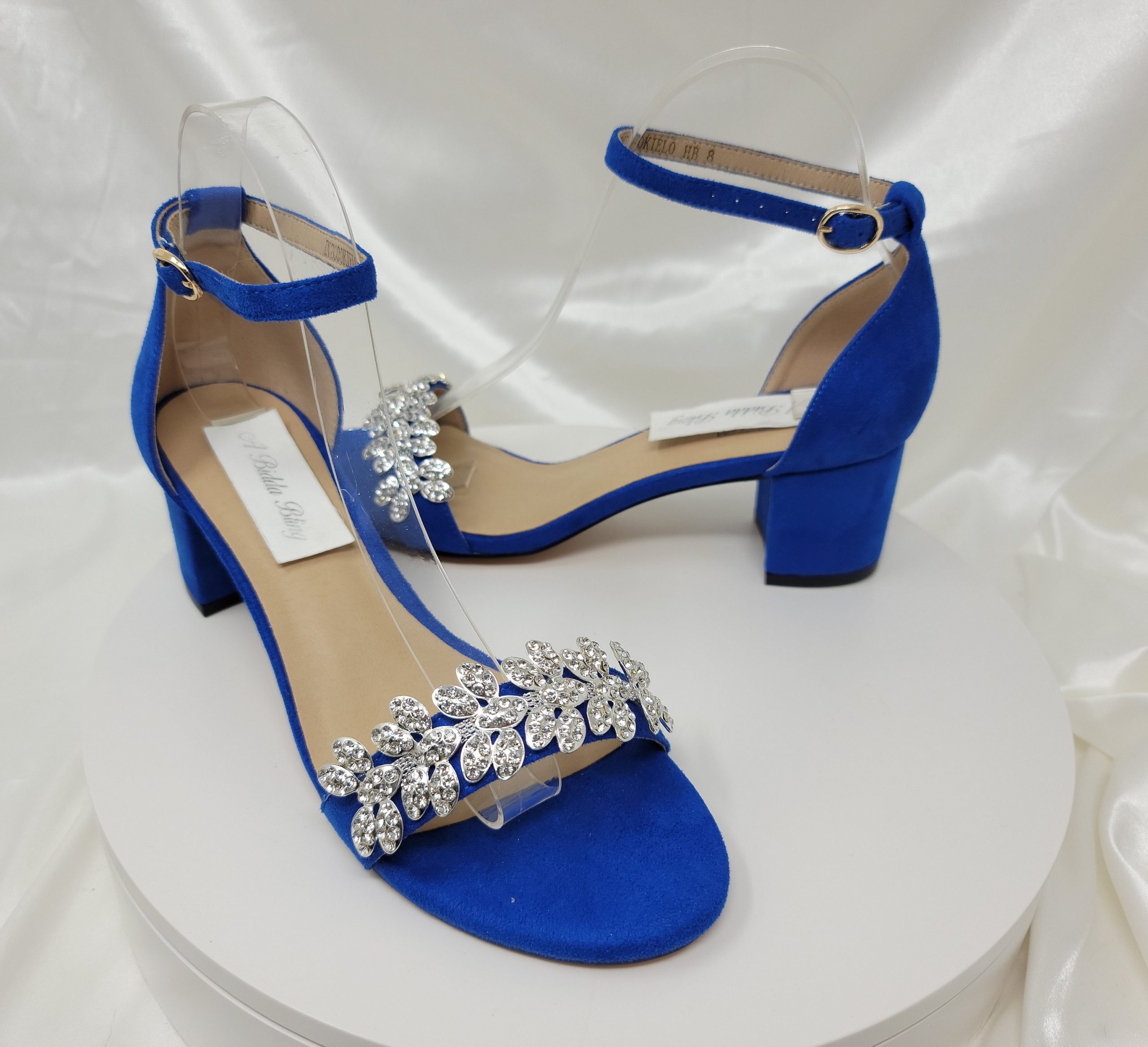 Chunky Heels Blue Bridal Sandals Crystal Flower Design Shoes Wedding Royal