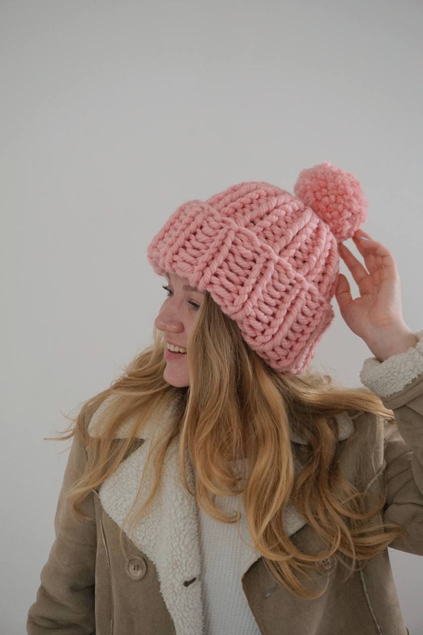 Chunky Knit Hat, Trendy Oversized Beanie, Giant Knitting, Winter Super Warm Knitted Light Pink Hat With Pom