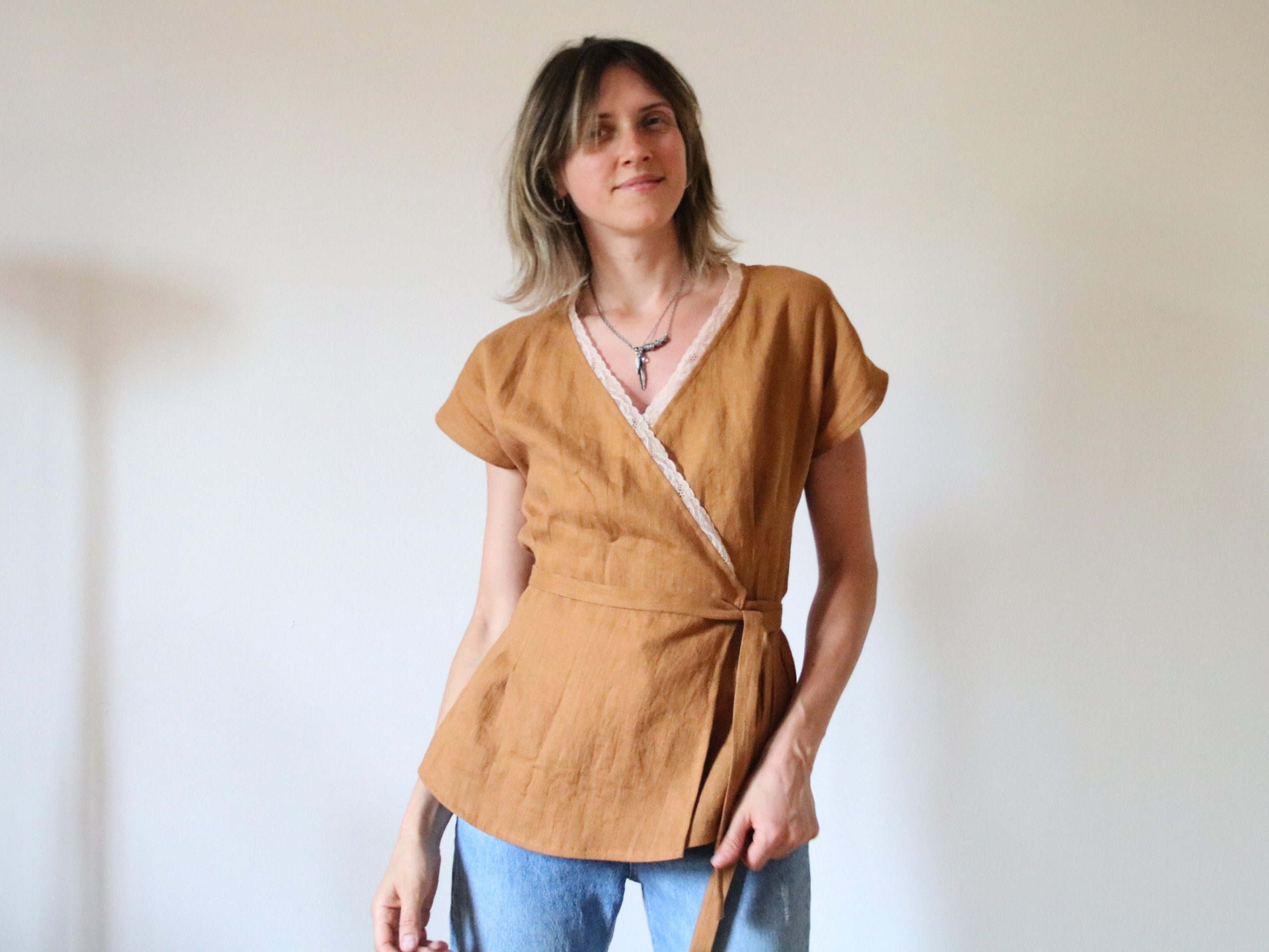 Cinnamon Linen Wrap Top/Pure Brown With Vintage Lace Trim