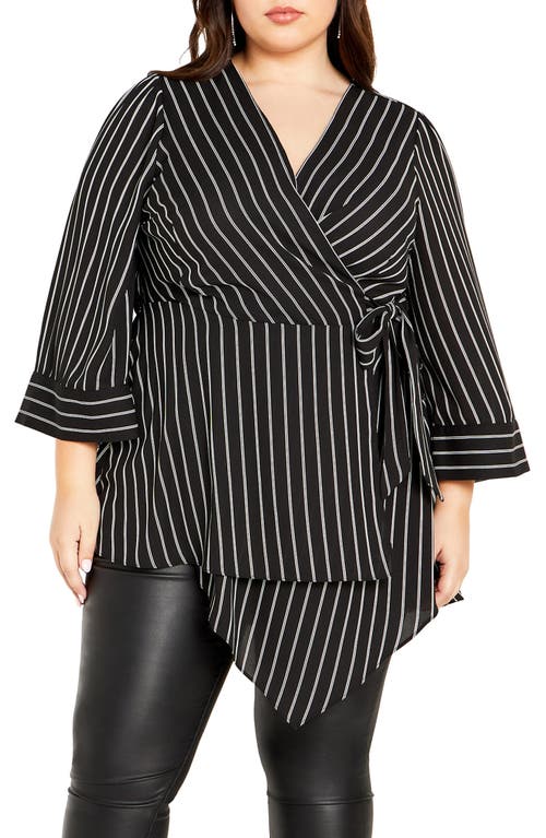 City Chic Jemma Stripe Wrap Tunic Top in Black White Stripe at Nordstrom, Size Xs