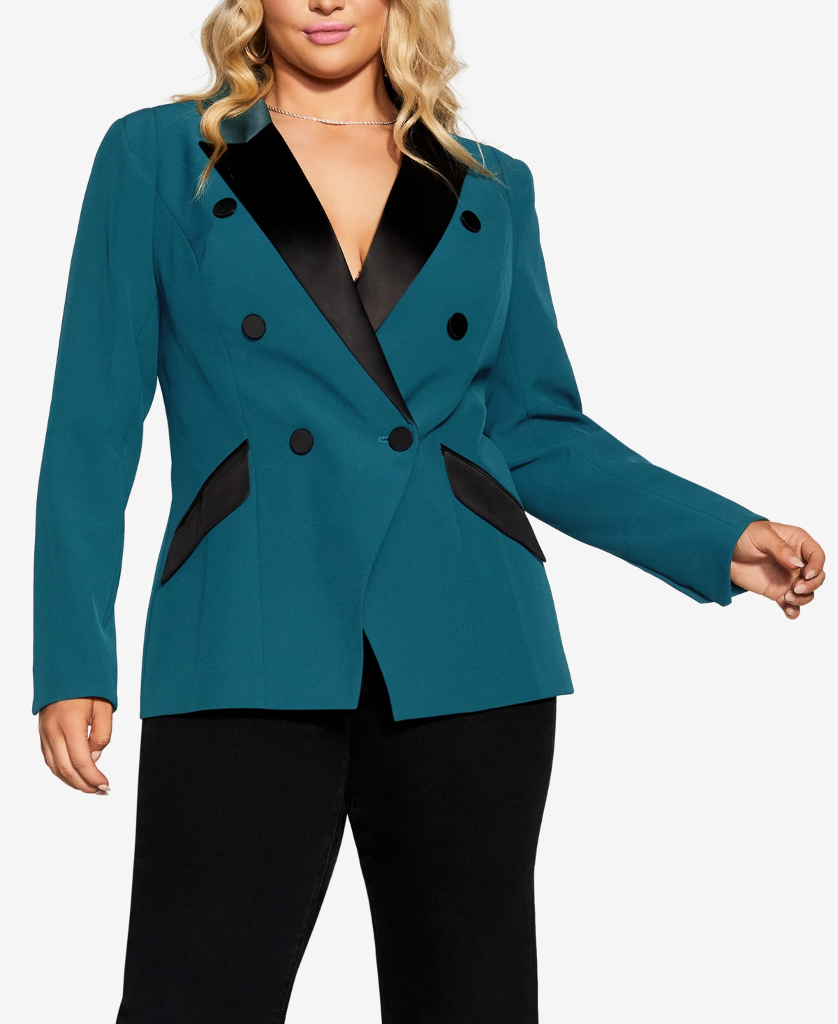 City Chic Plus Size Tuxe Luxe Padded Shoulder Jacket - Jade