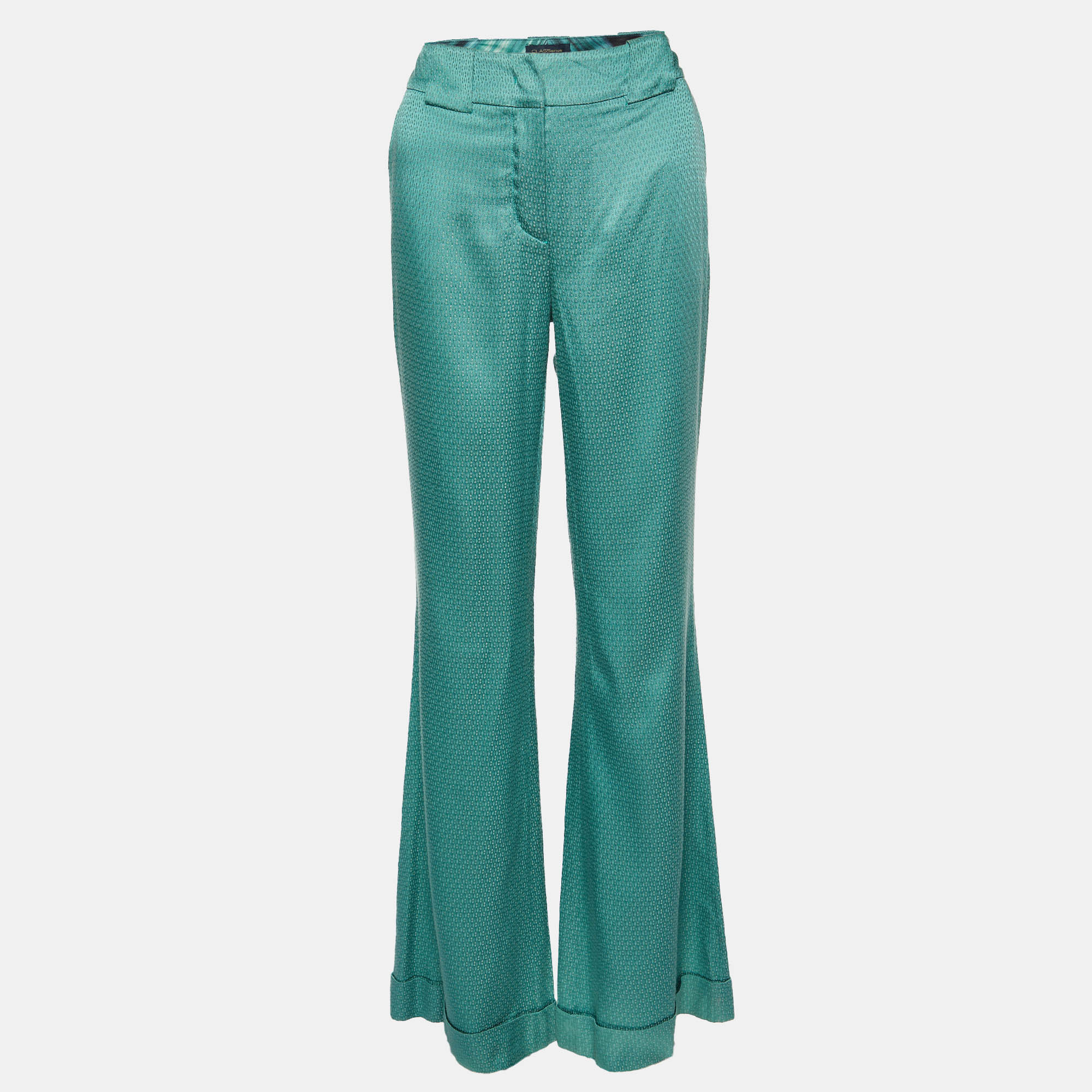 Class by Roberto Cavalli Green Textured Satin Flared Trousers M