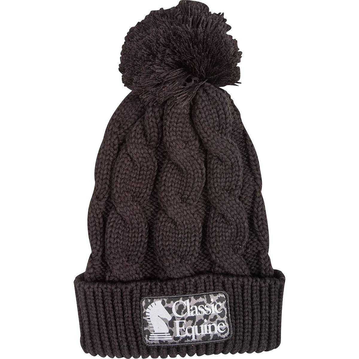 Classic Equine Chunk Twist Knit Beanie Cuff and Pom with Embroidered Cheetah Patch