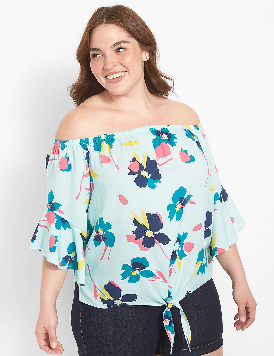 Classic Flounce-Sleeve Off-The-Shoulder Tie-Hem Top