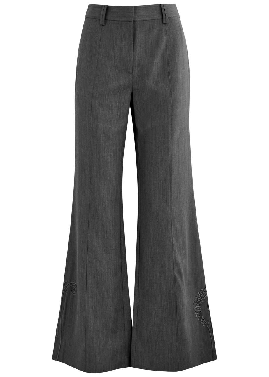 Clea Hunter Embroidered Flared-leg Wool Trousers - Grey - S (UK8-10 / S)