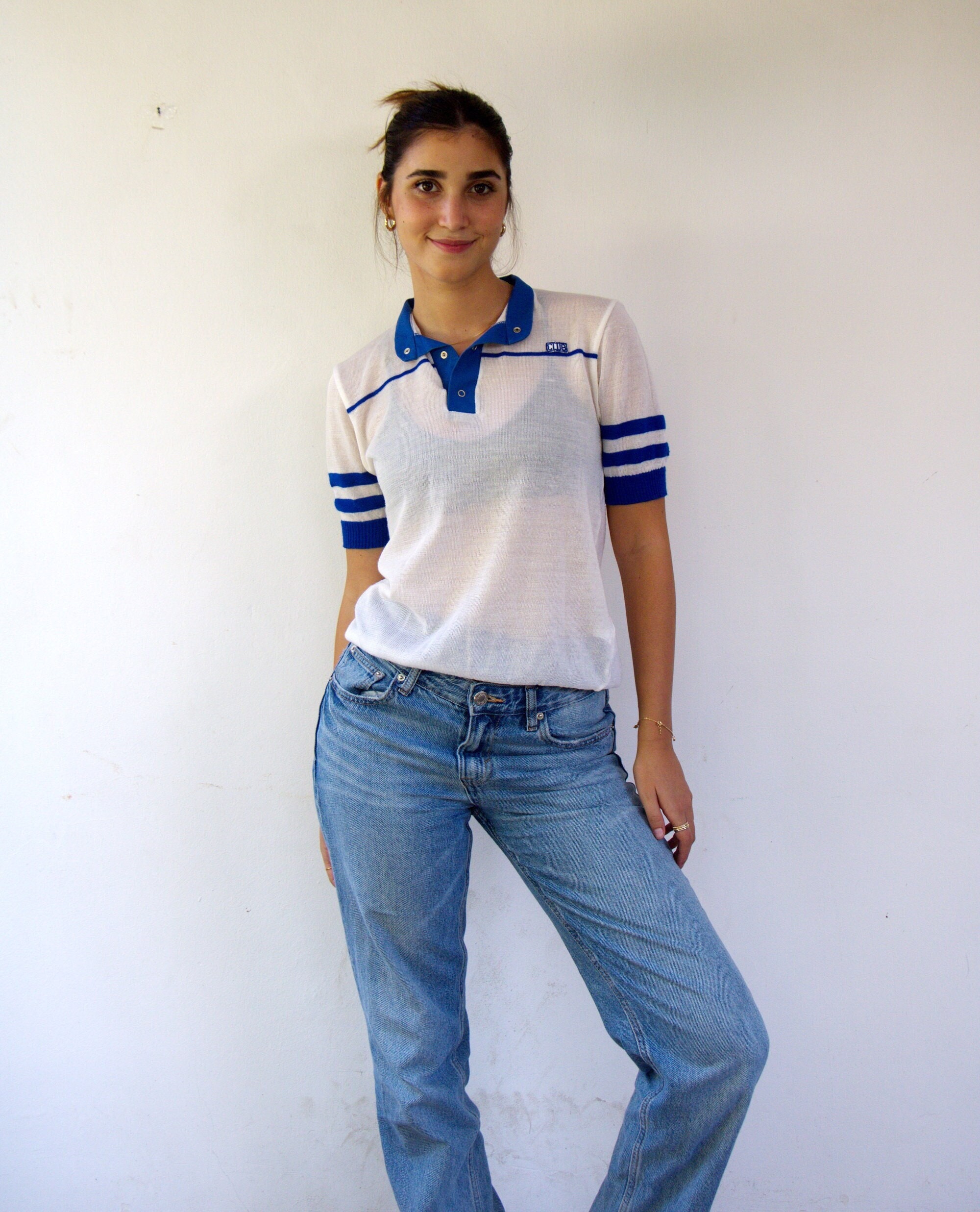 Club Knit Polo Shirt, Vintage 70S 1970S East European Boho Hippie White Blue Logo Embroidered Top T Shirt // M