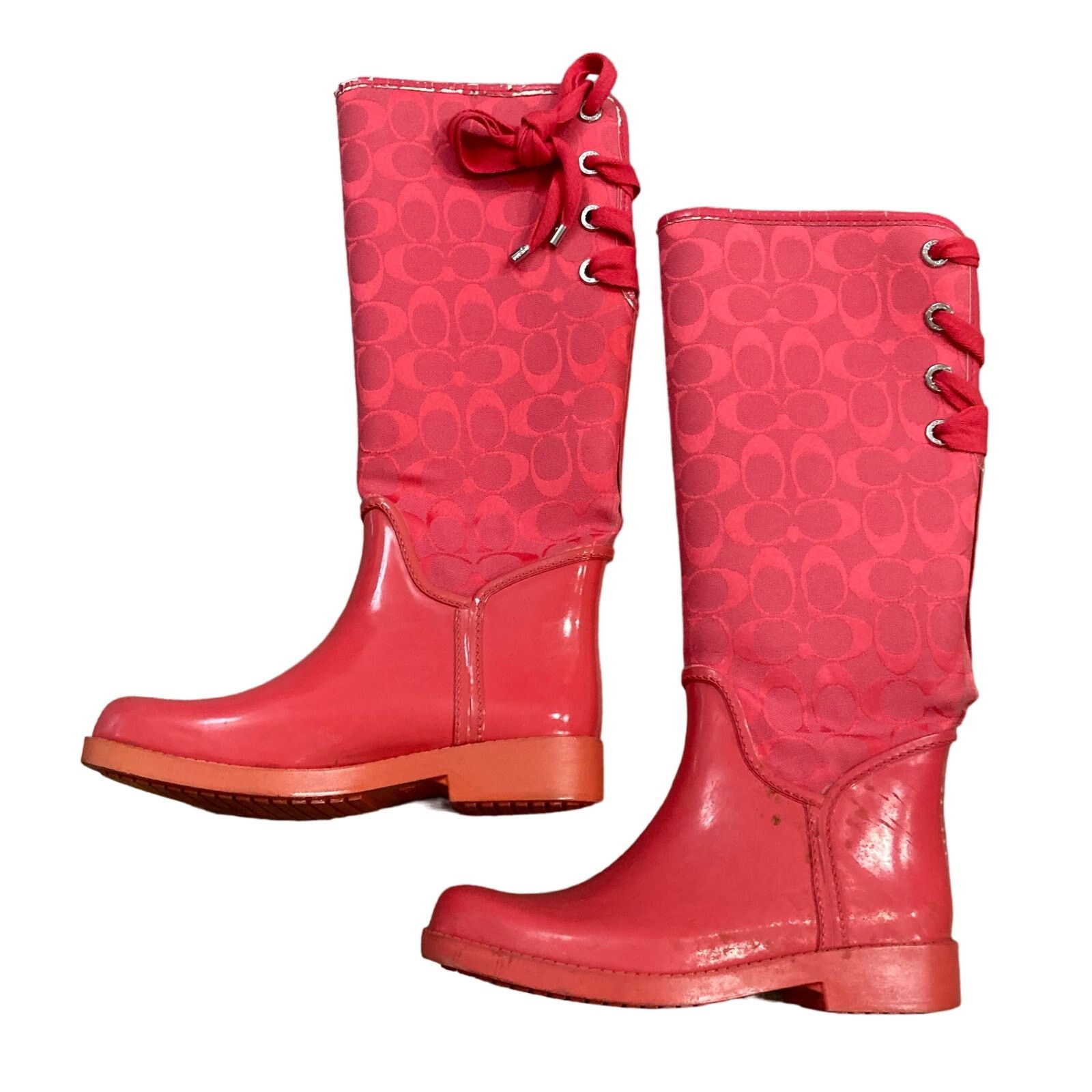 Coach Tristee Women's Red Rain Boots Size 8 Lace-Up Corset in Pink