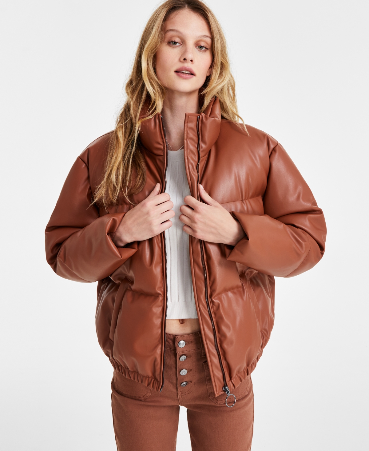 CoffeeShop Juniors' Faux-Leather Cropped Puffer Coat - Cinnamon