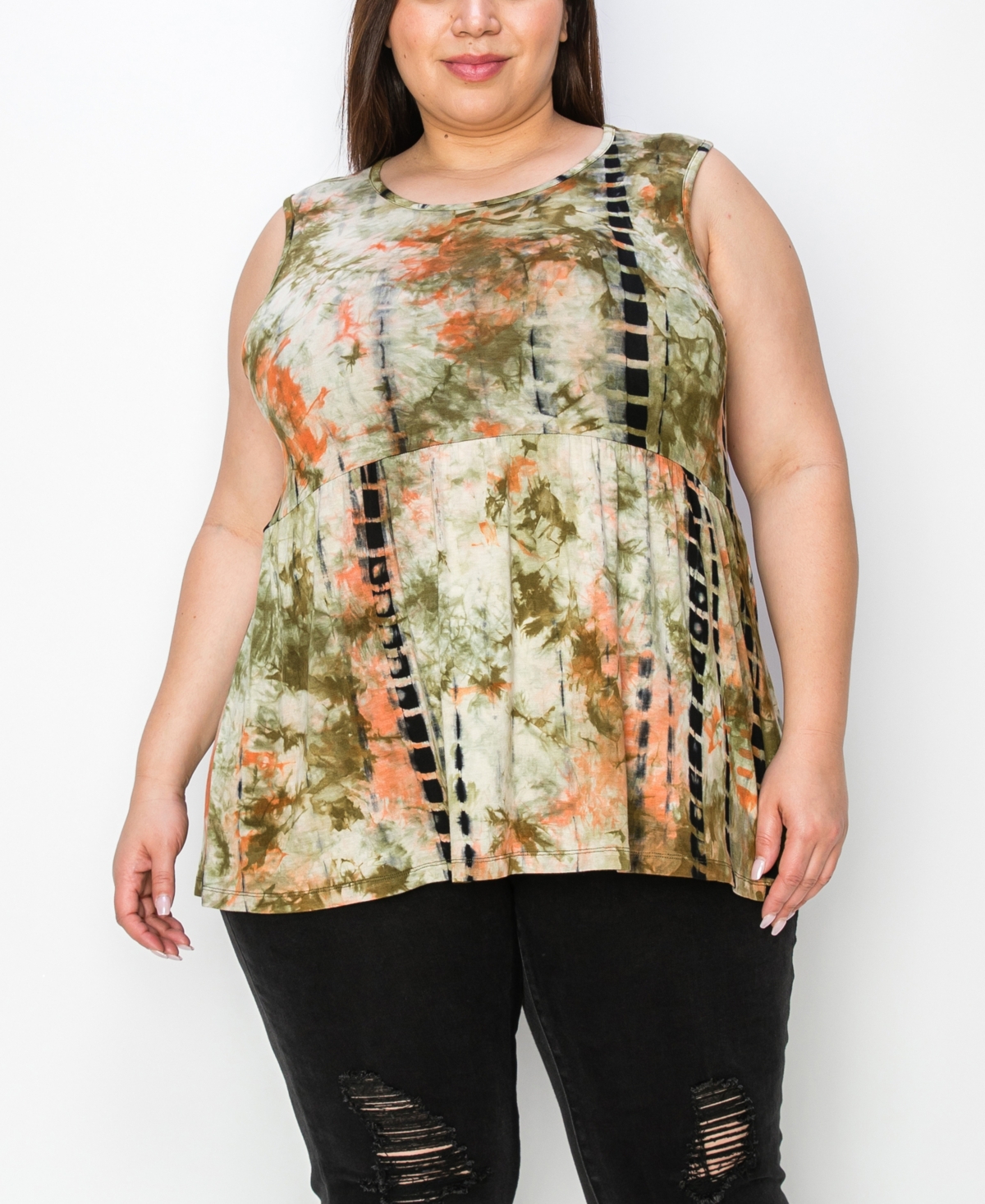 Coin 1804 Plus Tie Dye Peplum Sleeveless Top - Taupe Olive Peach