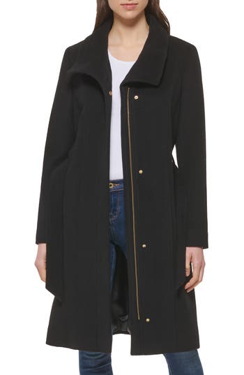 Cole Haan Slick Belted Wool Blend Faux Wrap Coat in Black at Nordstrom Rack, Size 4