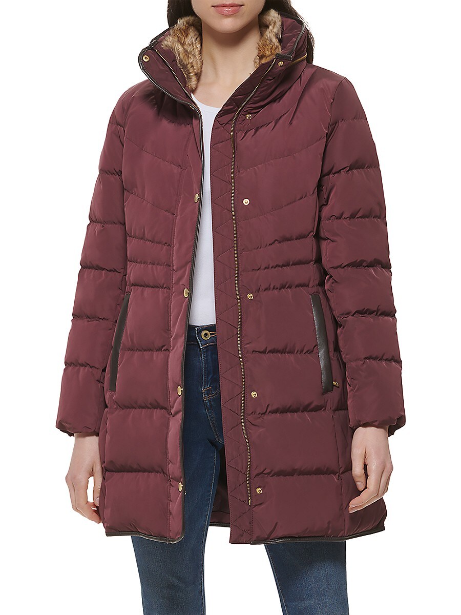 Cole Haan Women's Faux Fur Trim Down Puffer Jacket - Merlot - Size XL