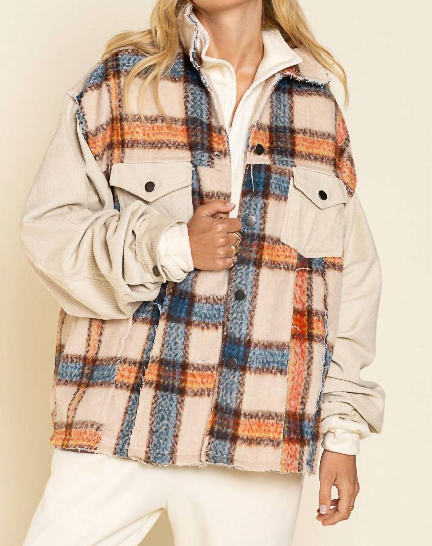 Collared Button Down Plaid Shacket In Beige Multi