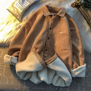 Collared Plain Fleece-Lined Button Shacket