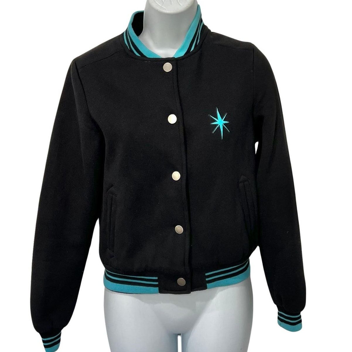 Collectif Black Blue Snap Atomic Star Varsity Jacket Size Xs, Women's