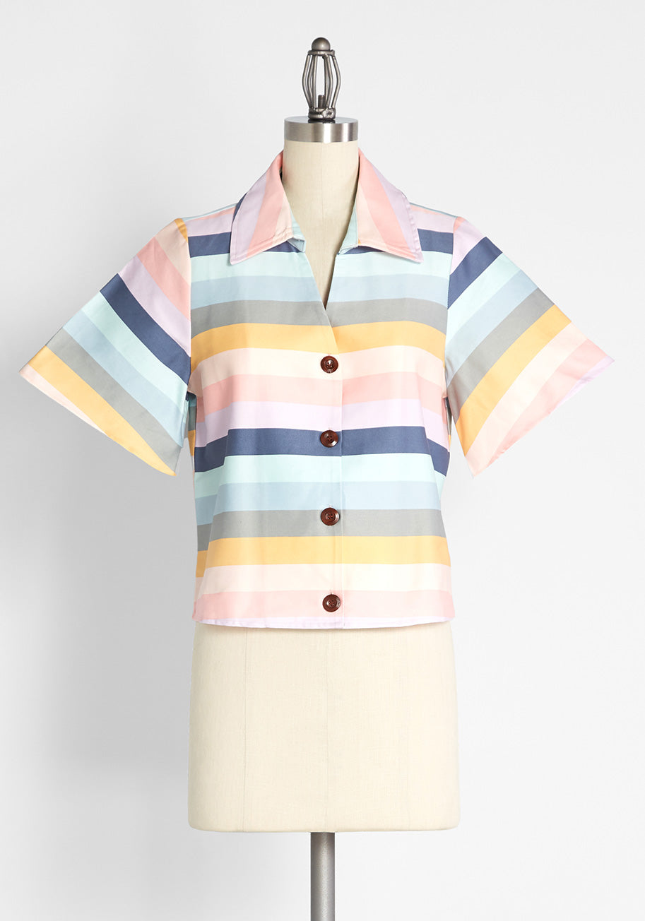 Collectif Pastel Sunsets Button-Up Shirt in Rainbow Stripes, Size 4