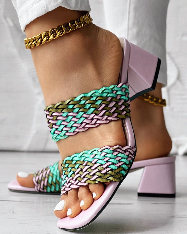 Colorblock Braided Chunky Heeled Sandals