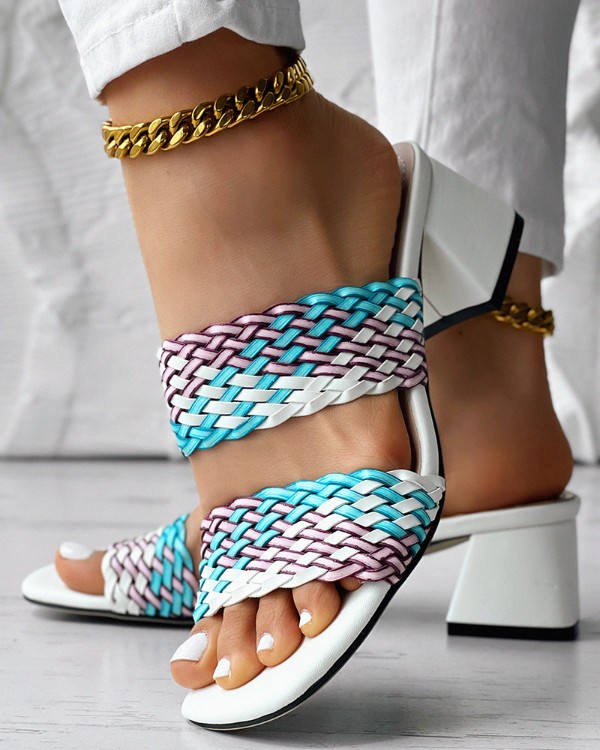 Colorblock Braided Chunky Heeled Sandals