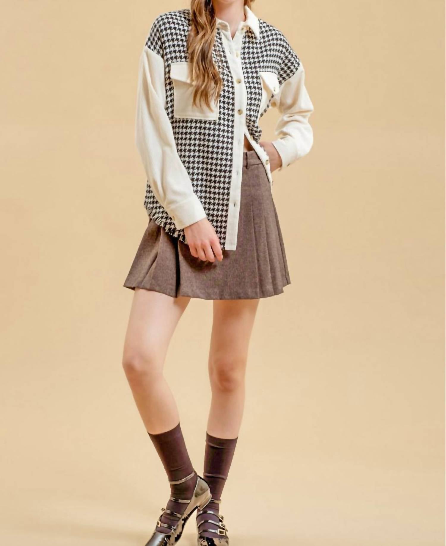 Colorblock Houndstooth Shacket In Black/cream