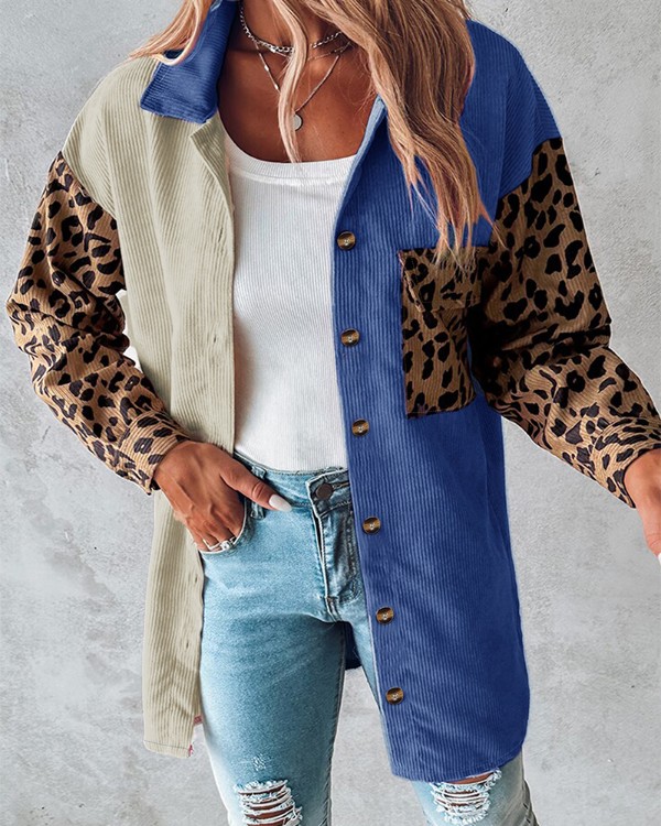 Colorblock Leopard Print Corduroy Shacket