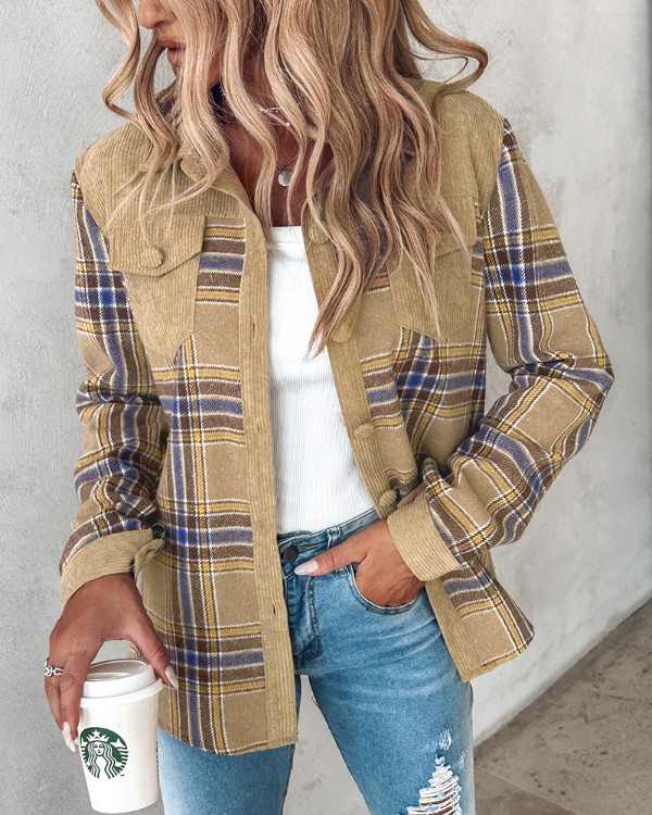 Colorblock Plaid Print Buttoned Corduroy Shacket