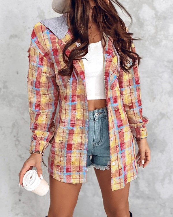 Colorblock Plaid Print Hooded Distressed Button Front Coat Shacket