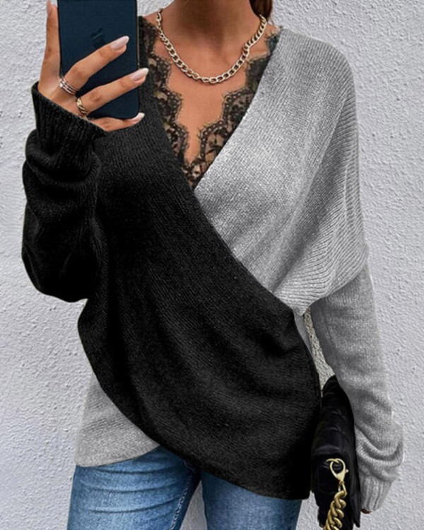 Colorblock V-Neck Long Sleeve Ribbed Top Lace Trim Wrap Pullover Blouse Tee