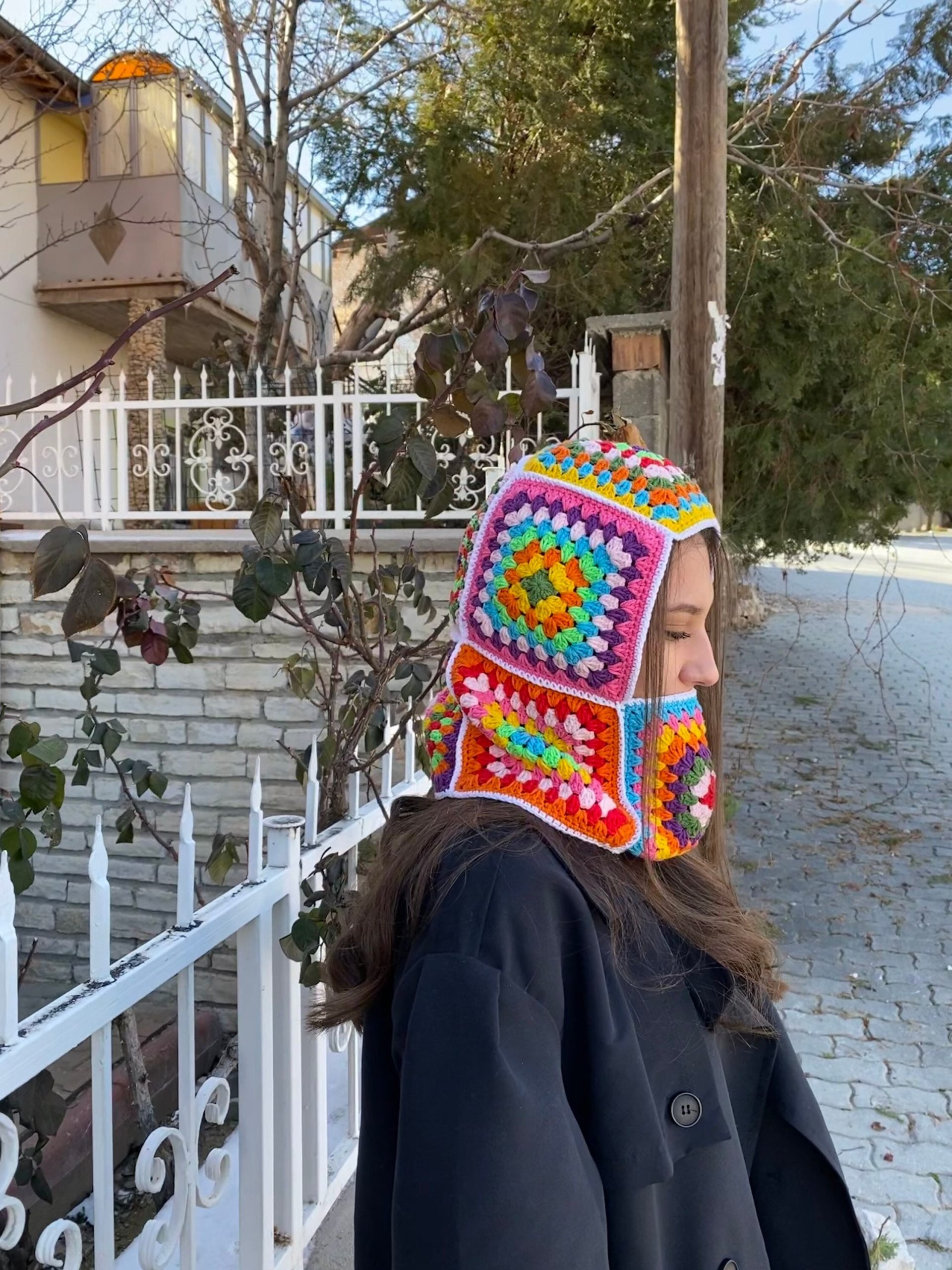 Colorful Granny Square Balaclava, Winter Full Face Mask, Crochet Hoodie, Ski Hat, Unisex Balaclava