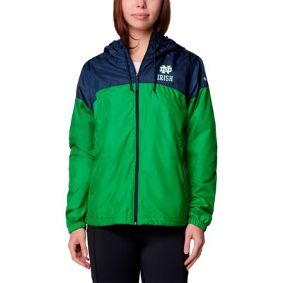 Columbia Women's NCAA Navy/Green Notre Dame Fighting Irish Flash Forward Full-Zip Hoodie Windbreaker Jacket, Navy Blue, X-Large