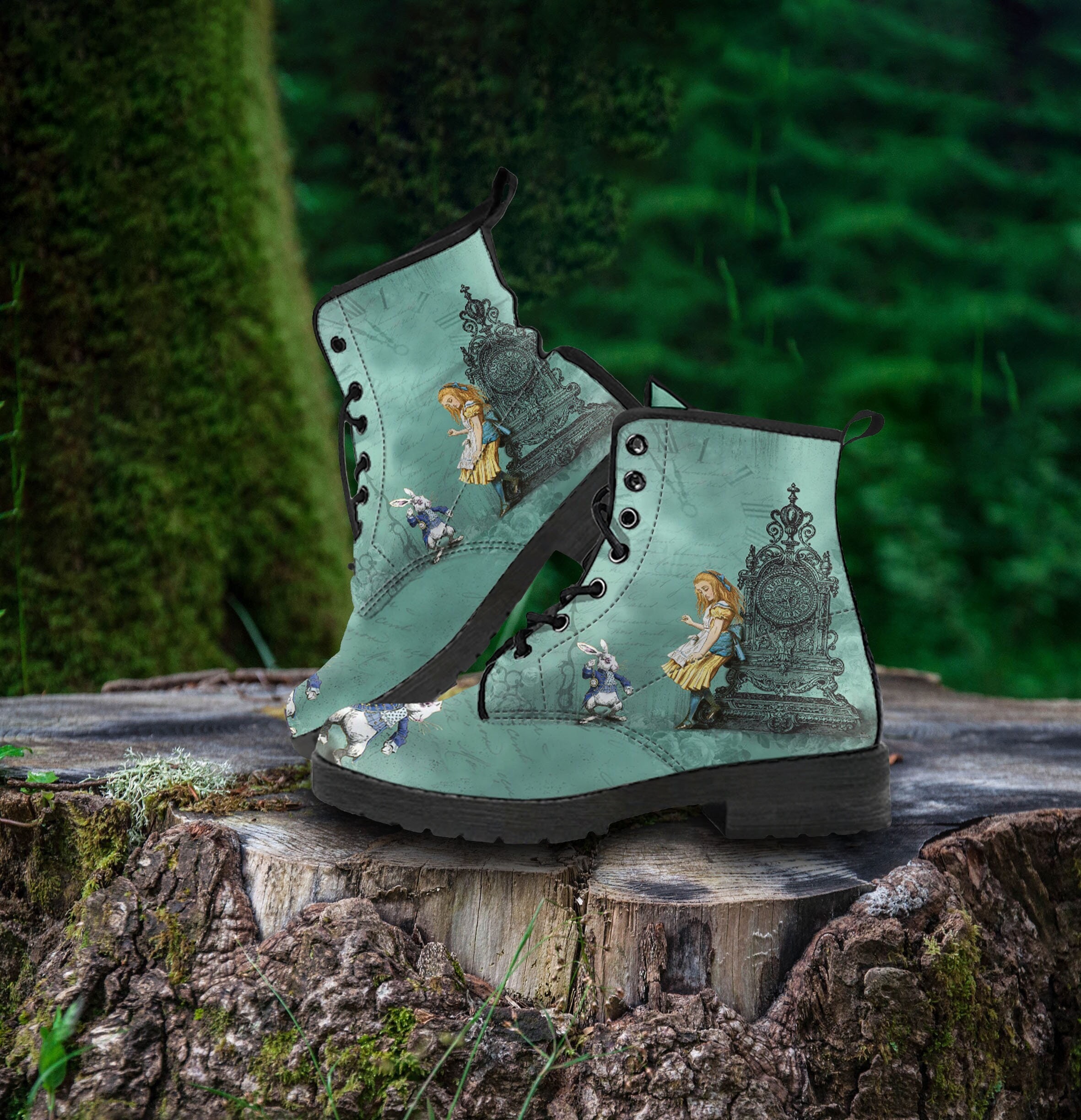 Combat Boots Alice in Wonderland Custom Vegan Leather Boots, Gifts For Her Casual Cute Shoes