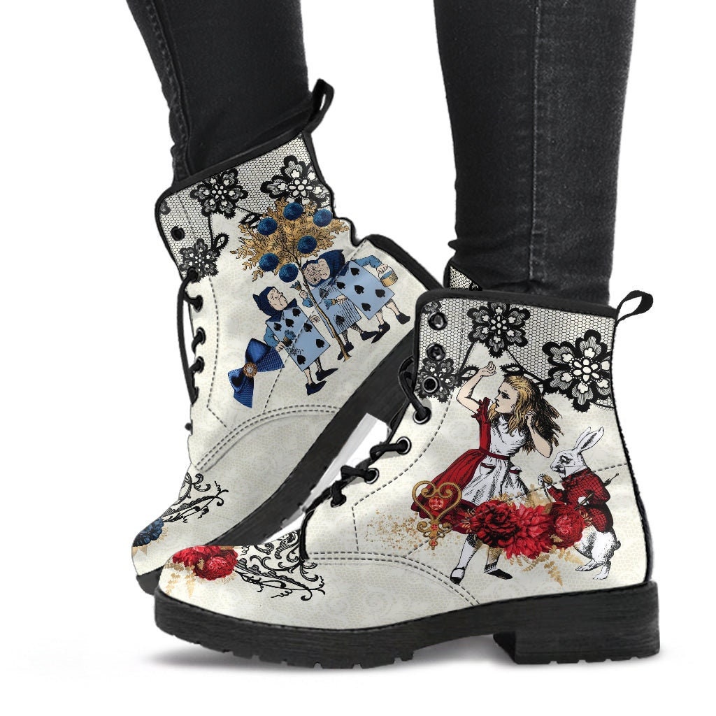 Combat Boots - Alice in Wonderland Gifts #101 Blue & Red Series, Birthday Gifts, Gift Idea, Women's Boots, Custom Shoes, Aesthetic Shoes