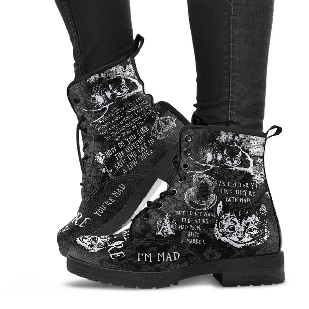 Combat Boots-Alice in Wonderland Gifts #102 Black & White Series, Cheshire Cat, Gift Idea, Women's Boots, Vegan Shoes, Leather