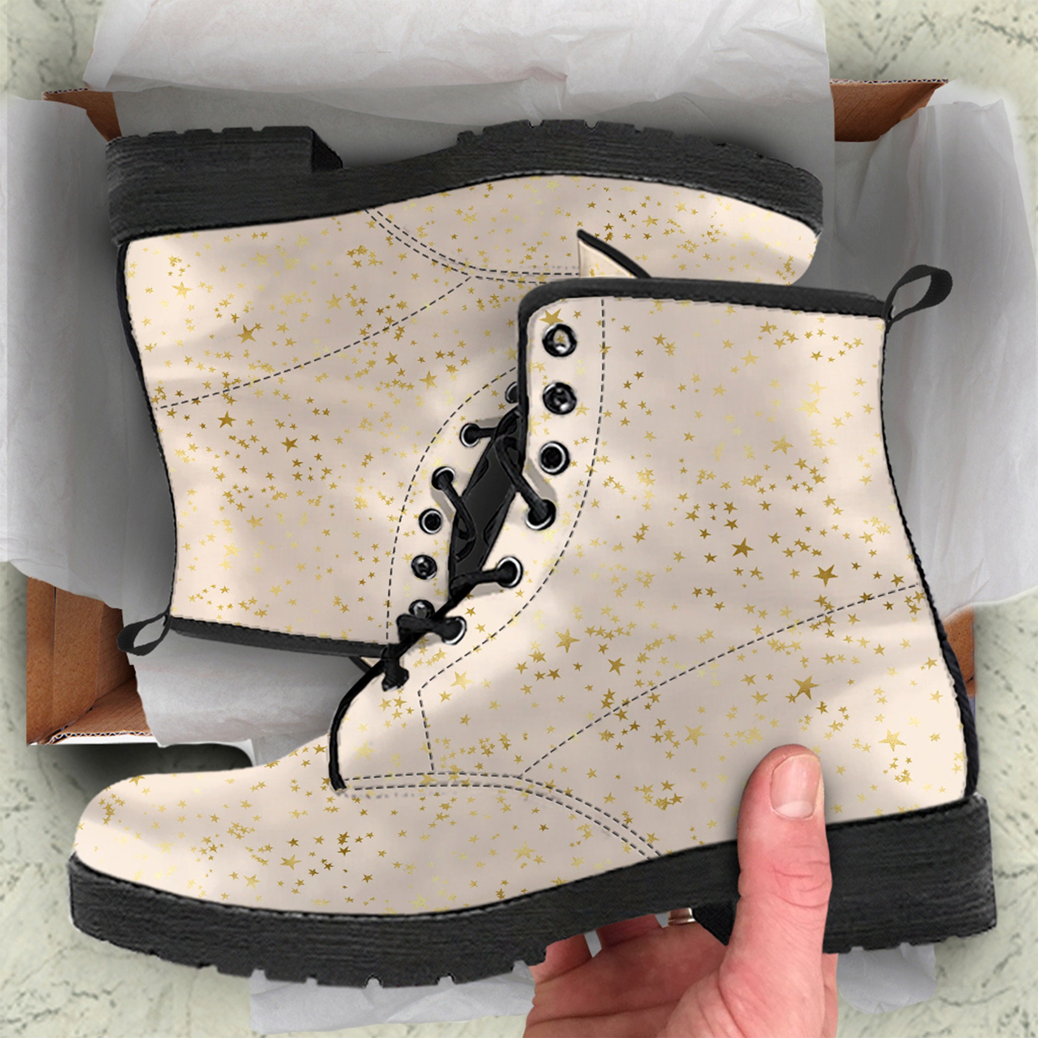 Combat Boots Beige Egret Star Vegan Leather Custom Boots, Birthday Gifts For Idea Casual Shoes