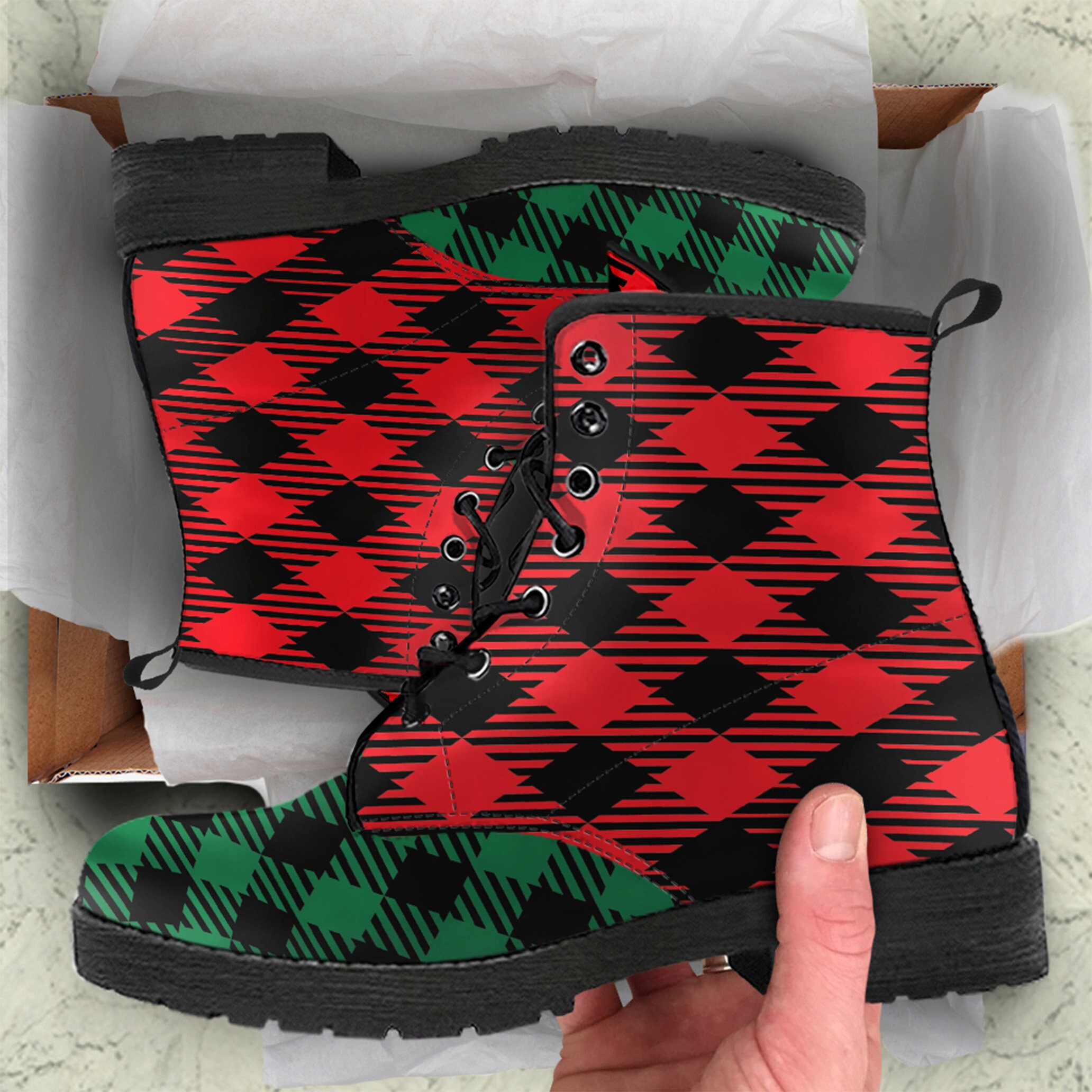 Combat Boots Classic Plaid Green & Red, Vegan Leather, Holiday Gifts For Her, Red Hiking Boots, Mother's Day Gift, Casual Cute Shoes