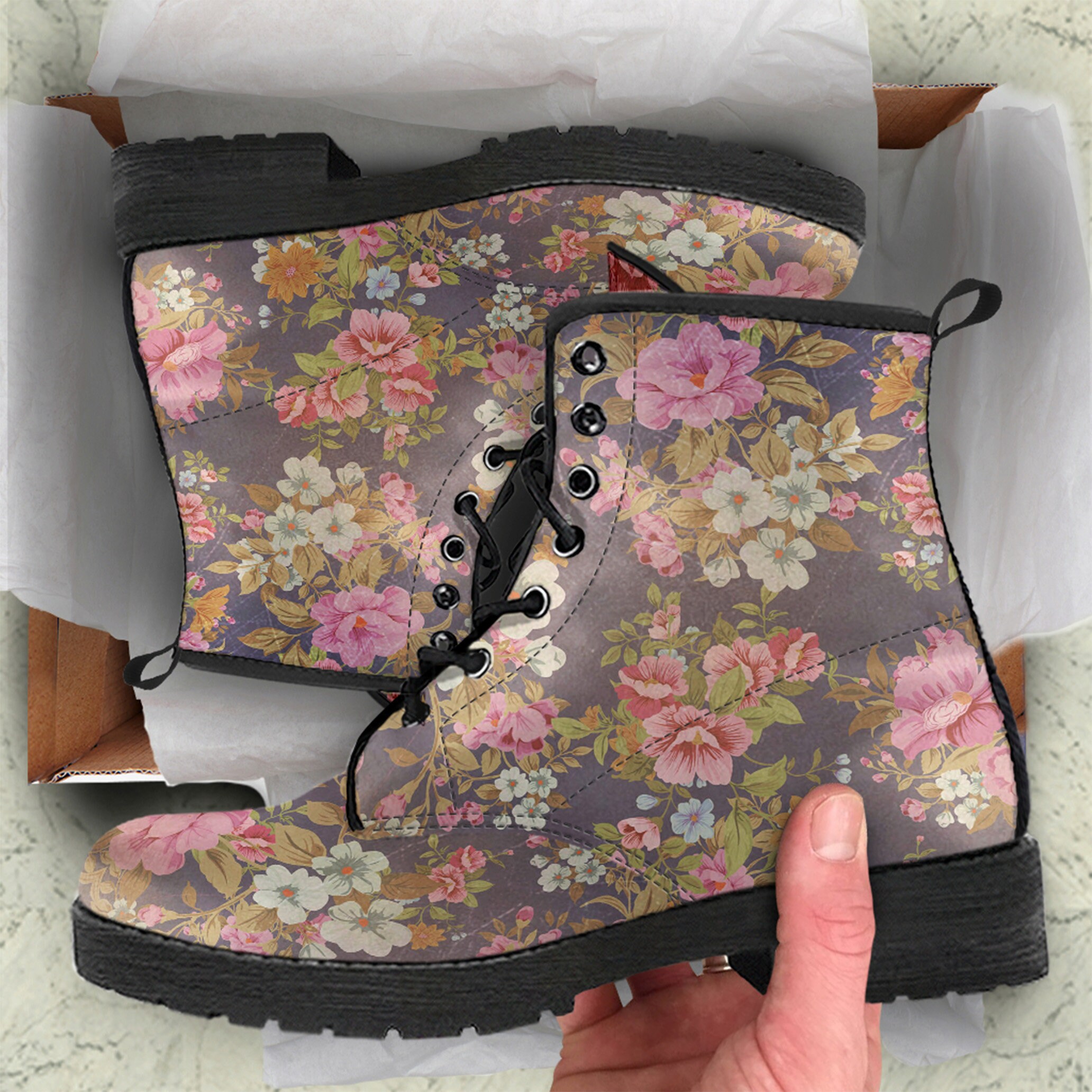 Combat Boots Custom Floral Pattern Vegan Leather Boots, Made-To-Order Gift For Her, Walking & Hiking