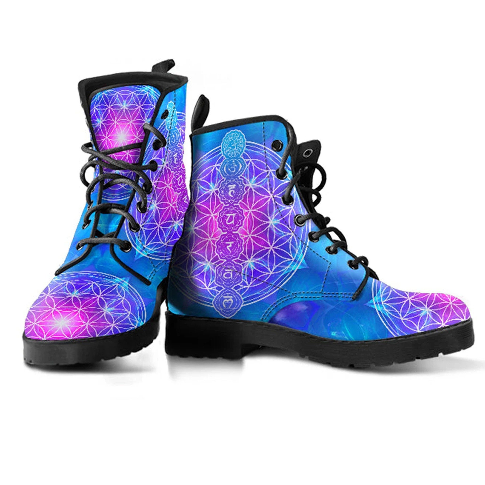 Combat Boots Flower Of Life Chakra Women's Leather Boots, Cute Shoes Gifts For Girlfriend, Platform